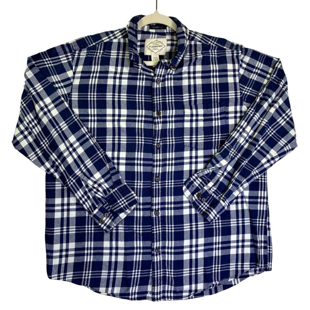 St Johns Bay Mens Large Blue White Plaid Flannel Button Down Shirt Classic Fit
